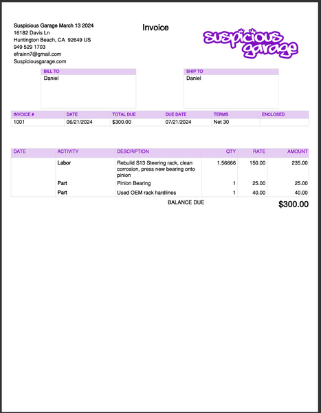 Daniel Invoice 1001 – Suspicious Garage